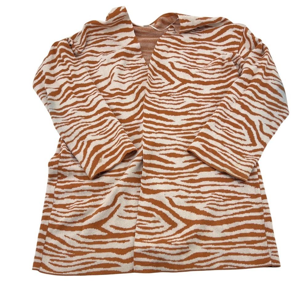 Loft Outlet Zebra Print‎ Open Front Long Cardigan Sweater L 100% Cotton Orange